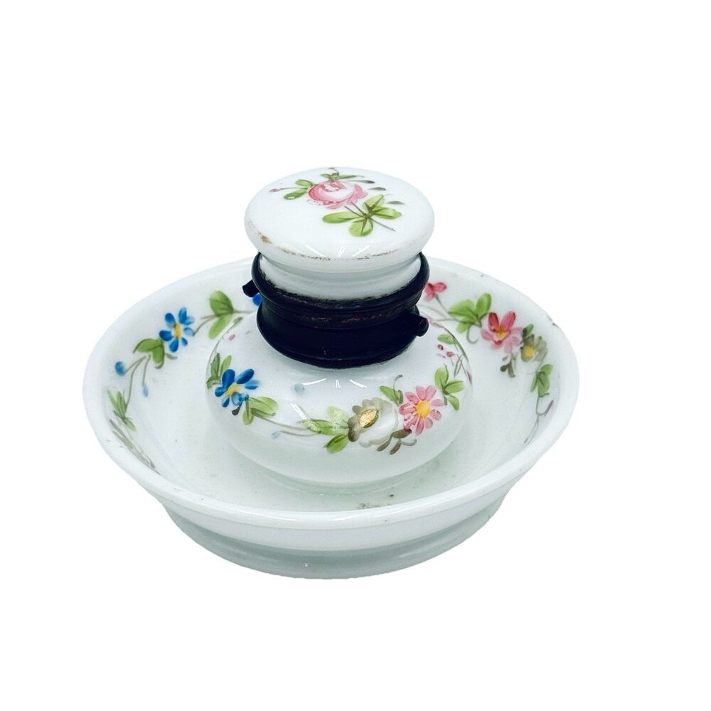 Vintage Porcelain Hinged Ladies Ink Well Attached Drip Dish White Pink Floral